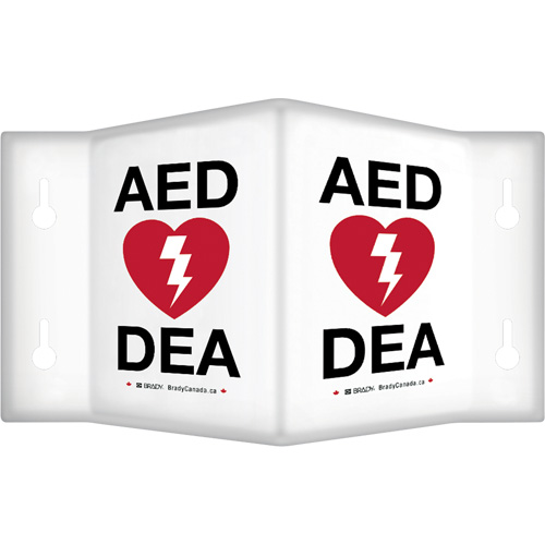 90° Projecting "AED/DEA" Sign, 6" x 5", Plastic, Bilingual with Pictogram M & M Nord Ouest Inc