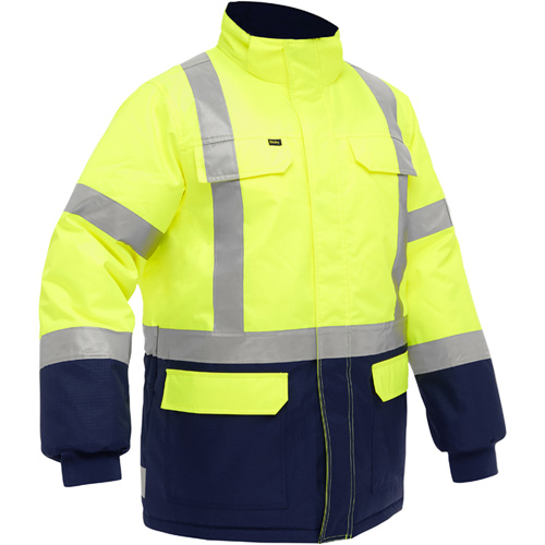 Manteau pour le froid extr&ecirc;me avec bas bleu marin et X au dos Bisley, Polyester, Jaune lime haute visibilit&eacute;, T-Grand M & M Nord Ouest Inc