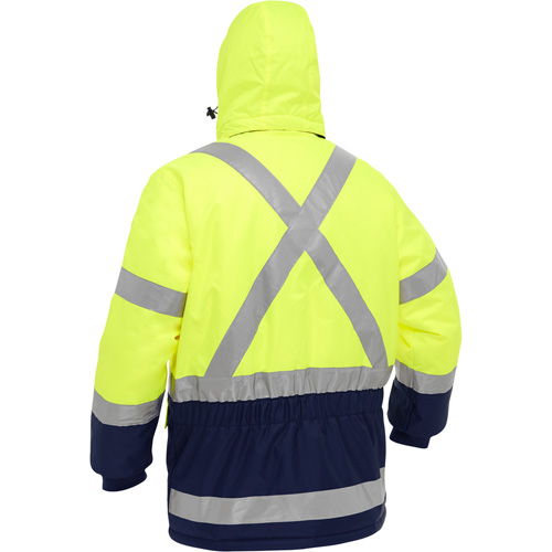 Manteau pour le froid extr&ecirc;me avec bas bleu marin et X au dos Bisley, Polyester, Jaune lime haute visibilit&eacute;, T-Grand M & M Nord Ouest Inc