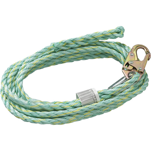 VL-1125-100 Cordage de s&eacute;curit&eacute; vertical avec mousqueton d'ancrage &agrave; une extr&eacute;mit&eacute; & &eacute;clisse dorsale d'extr&eacute;mit&eacute; &agrave; la traîne, Copolym&egrave;re M & M Nord Ouest Inc
