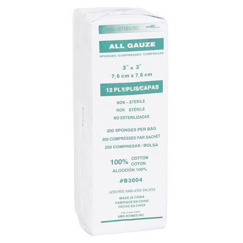 &eacute;ponges de gaze, Tampon, 3" lo x 3" la, Dispositif m&eacute;dical Classe 1 M & M Nord Ouest Inc