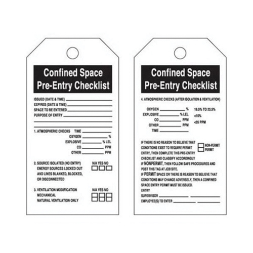 "Confined Space" Tags, Polyester, 3" W x 5-3/4" H, English M & M Nord Ouest Inc