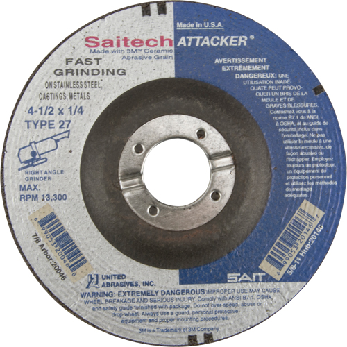 Meule rapide Saitech Attacker, 4-1/2" x 1/4", Arbre 7/8", Oxyde d'aluminium/C&eacute;ramique, Type 27 M & M Nord Ouest Inc