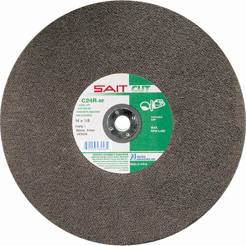 Meule &agrave; tronçonner haute vitesse pour le b&eacute;ton C24R, 14" x 1/8", Arbre de 1", Type 1, Carbure de silicium, 5400 Tr/min M & M Nord Ouest Inc