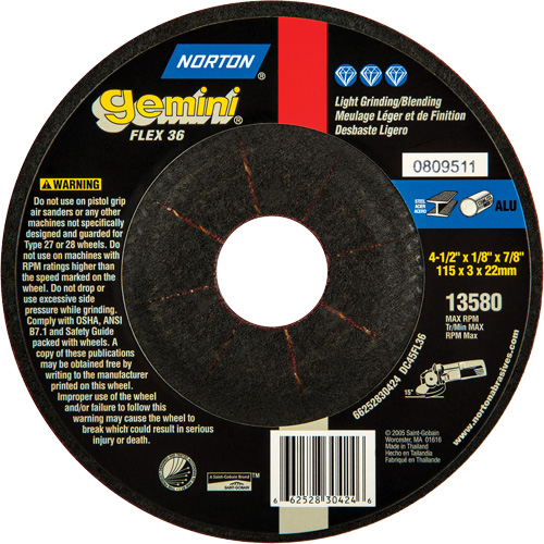Gemini&reg; Flexible Mini Disc Depressed Centre Wheel, 4-1/2" x 1/8", 7/8" Arbor, Aluminum Oxide, Type 27 M & M Nord Ouest Inc