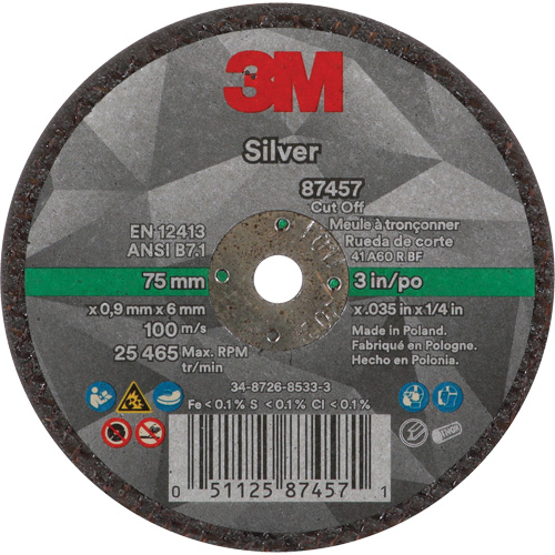 Silver Cut-Off Wheel, 3" x 0.04", 1/4"-28 Arbor, Type 1, Ceramic, 25645 RPM M & M Nord Ouest Inc