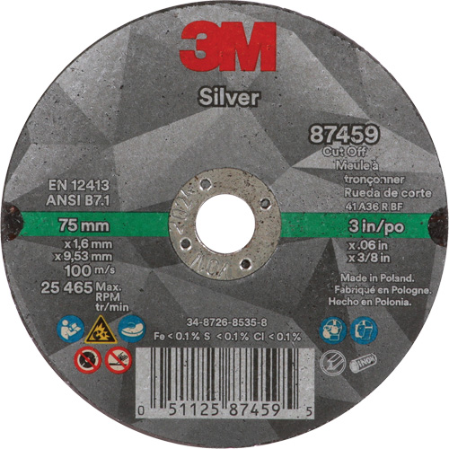 Meule &agrave; tronçonner Silver, 3" x 0,06", Arbre de 3/8"-24, Type 1, C&eacute;ramique, 25645 Tr/min M & M Nord Ouest Inc