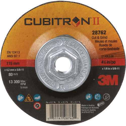 Disque de coupe et de meulage &agrave; changement rapide Cubitron II, 4-1/2" x 1/8", Arbre de 5/8"-11, Type 27, C&eacute;ramique M & M Nord Ouest Inc