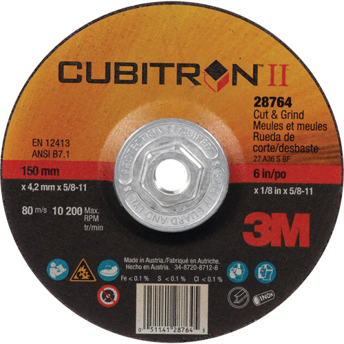 Cubitron II Quick Change Cut & Grind Wheel, 6" x 1/8", 5/8"-11 Arbor, Type 27, Ceramic M & M Nord Ouest Inc