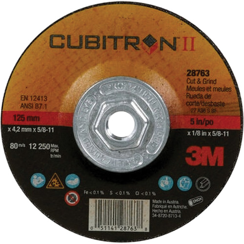 Disque de coupe et de meulage &agrave; changement rapide Cubitron II, 5" x 1/8", Arbre de 5/8"-11, Type 27, C&eacute;ramique M & M Nord Ouest Inc