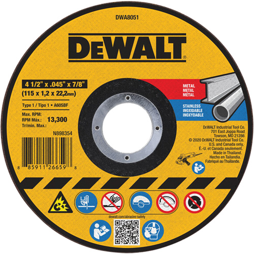 Meule de tronçonnage des m&eacute;taux, 4-1/2" x 0,045", Arbre 7/8", Oxyde d'aluminium, Type 1 M & M Nord Ouest Inc