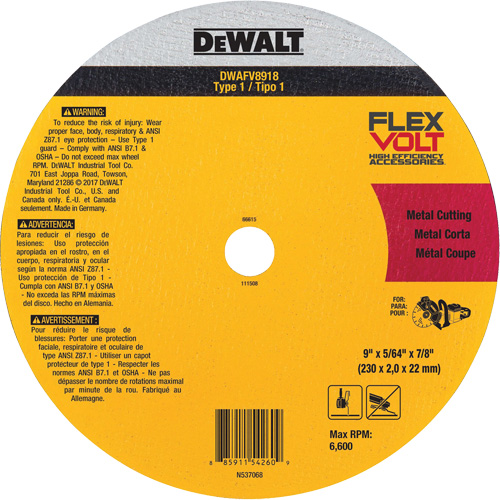 Meule de tronçonnage des m&eacute;taux FlexVolt, 9-1/16" x 0,078", Arbre 22,23 mm, C&eacute;ramique, Type 1 M & M Nord Ouest Inc