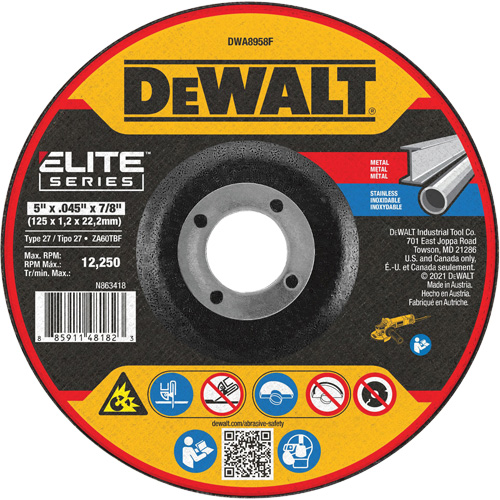 Meule de tronçonnage des m&eacute;taux s&eacute;rie Elite, 5" x 0,045", Arbre 7/8", Alumine de zirconium, Type 27 M & M Nord Ouest Inc