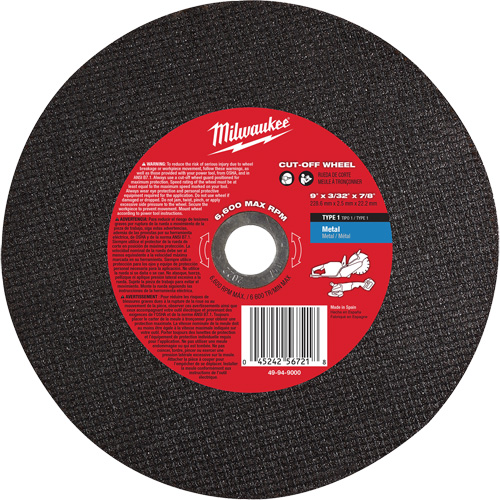 Meule &agrave; tronçonner, 9" x 3/32", Arbre de 7/8", Type 1, 6600 Tr/min M & M Nord Ouest Inc