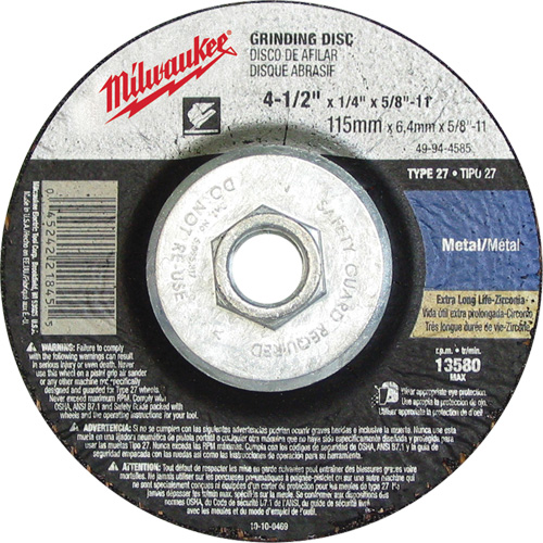Grinding Wheel, 4-1/2" x 1/8", 5/8"-11 Arbor, Aluminum Oxide, Type 27 M & M Nord Ouest Inc