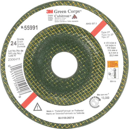 Green Corps Depressed Centre Wheel, 4-1/2" x 1/4", 7/8" Arbor, Ceramic, Type 27 M & M Nord Ouest Inc