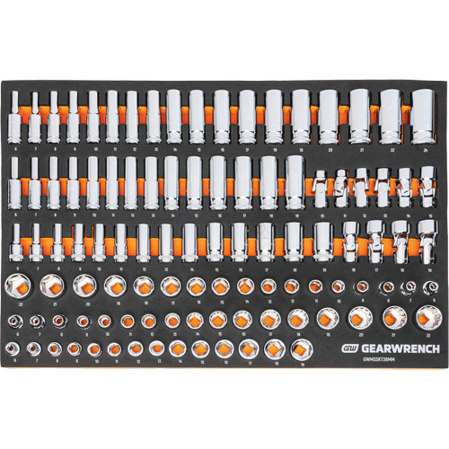 Jeu d'outils m&eacute;triques pour m&eacute;canicien MEGAMOD dans des plateaux en mousse modulaire avec armoire roulante &agrave; outils, 358 morcea M & M Nord Ouest Inc