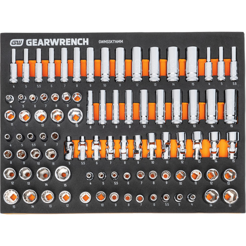 Jeu d'outils m&eacute;triques pour m&eacute;canicien MEGAMOD dans des plateaux en mousse modulaire avec armoire roulante &agrave; outils, 358 morcea M & M Nord Ouest Inc