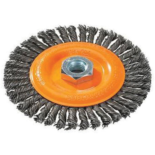 Brosse &agrave; fils nou&eacute;s pour cordons de soudure, Dia. 4", Fils 0,02", Arbre 5/8"-11, Acier M & M Nord Ouest Inc