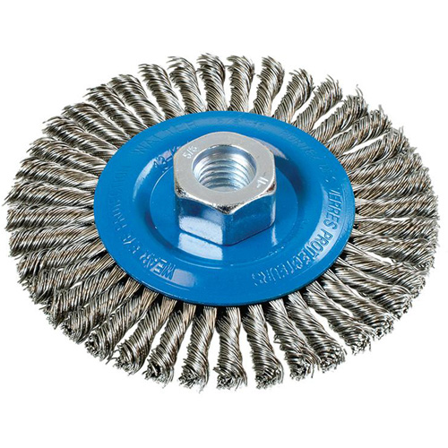 Brosse &agrave; fils nou&eacute;s pour cordons de soudure, Dia. 4-1/2", Fils 0,02", Arbre 5/8"-11, Aluminium/Acier inoxydable M & M Nord Ouest Inc