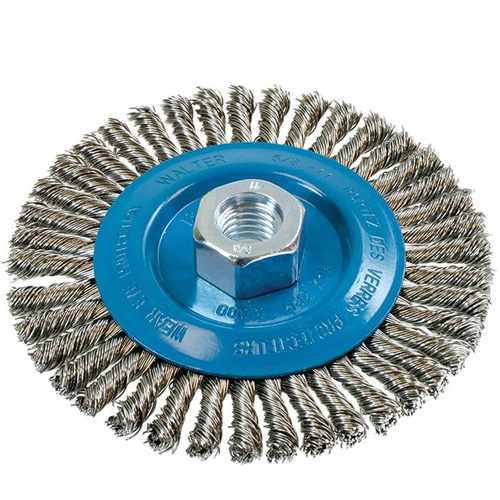 Brosse &agrave; fils &eacute;troits nou&eacute;s et torsad&eacute;s, Dia. 5", Fils 0,02", Arbre 5/8"-11, Aluminium/Acier inoxydable M & M Nord Ouest Inc