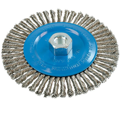 Brosse &agrave; fils &eacute;troits nou&eacute;s et torsad&eacute;s, Dia. 6", Fils 0,02", Arbre 5/8"-11, Aluminium/Acier inoxydable M & M Nord Ouest Inc