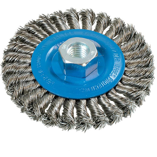 Brosse rotative &agrave; fils nou&eacute;s large, Dia. 4-1/2", Fils 0,02", Arbre 5/8"-11, Aluminium/Acier inoxydable M & M Nord Ouest Inc