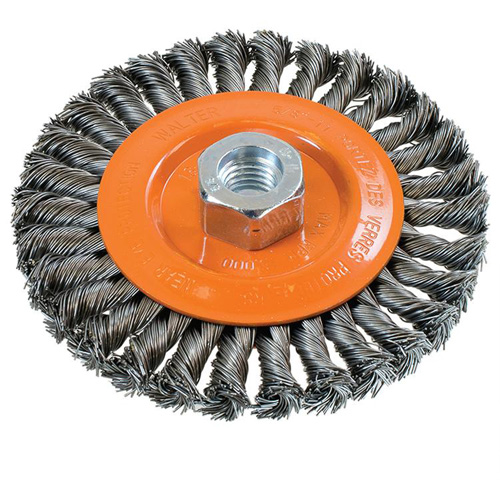 Brosse rotative &agrave; fils nou&eacute;s large, Dia. 5", Fils 0,02", Arbre 5/8"-11, Acier M & M Nord Ouest Inc