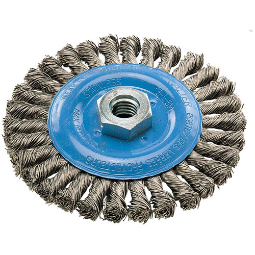 Wide Knotted Wire Wheel Brush, 5" Dia., 0.02" Fill, 5/8"-11 Arbor, Aluminum/Stainless Steel M & M Nord Ouest Inc