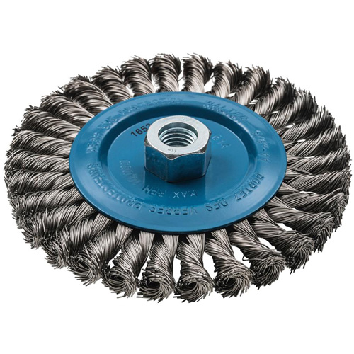 Wide Knotted Wire Wheel Brush, 6" Dia., 0.02" Fill, 5/8"-11 Arbor, Aluminum/Stainless Steel M & M Nord Ouest Inc