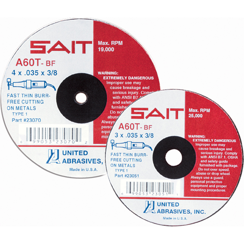 Meule &agrave; tronçonner, 4" x 0,045", Arbre de 5/8", Type 27, Oxyde d'aluminium, 13500 Tr/min M & M Nord Ouest Inc