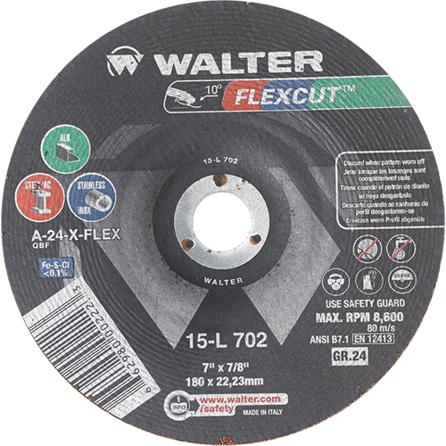 Flexcut Depressed Centre Grinding Wheels, 7", 24 Grit, Aluminum Oxide, 7/8", 8600 RPM, Type 29 M & M Nord Ouest Inc
