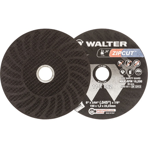 Meule &agrave; tronçonner renforc&eacute;e Zipcut, 6" x 3/64", Arbre de 7/8", Type 1, Oxyde d'aluminium, 10 200 Tr/min M & M Nord Ouest Inc