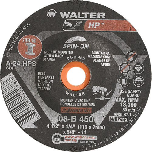 HP Spin-On Grinding Wheel, 4-1/2" x 1/4", 5/8"-11 Arbor, Type 27S M & M Nord Ouest Inc