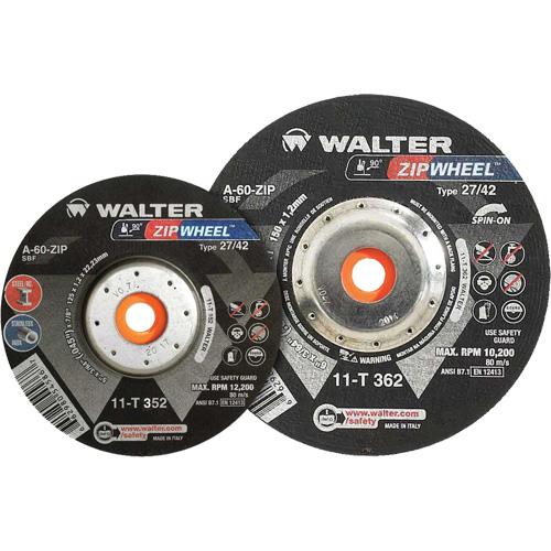 Meules &agrave; tronçonner renforc&eacute;es Zipcut vissables pour scies circulaires, 5" x 7/8", Arbre de 5/8"-11, Type 27, Oxyde d'aluminium, 12 200 Tr/min M & M Nord Ouest Inc