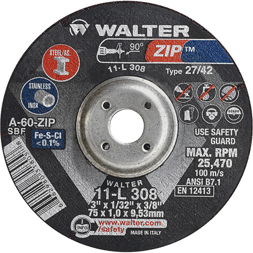 Zip Cutting and Grinding Wheel, 3" x 1/13", 3/8" Arbor, Type 27, 60 Grit, Aluminum Oxide M & M Nord Ouest Inc