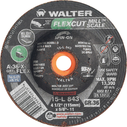 Meule FLEXCUT MILL SCALE, 4-1/2", 36 Grain, Oxyde d'aluminium, 5/8"-11, 13 300 Tr/min, Type 29 M & M Nord Ouest Inc
