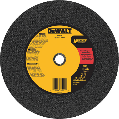 General Purpose Metal Cutting Chop Saw Wheel, 14" x 7/64", 1" Arbor, Type 1, Aluminum Oxide, 4300 RPM M & M Nord Ouest Inc