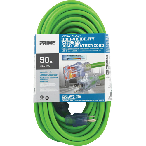 Cordon rallonge haute visibilit&eacute; Neon Flex, Ext&eacute;rieur, SJTW, AWG 12/3, 15 A, 50' M & M Nord Ouest Inc