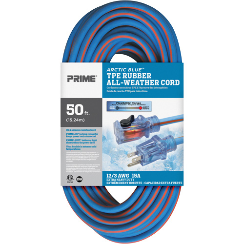 Cordon rallonge verrouillable toute saison en caoutchouc TPE Arctic Blue, Toutes saisons, SJEOW, AWG 12/3, 15 A, 50' M & M Nord Ouest Inc