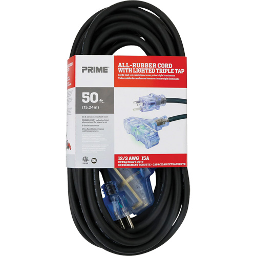 All-Rubber Extension Cord, Outdoor, SJOOW, 12/3 AWG, 15 A, 3 Outlet(s), 50' M & M Nord Ouest Inc