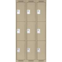 Clean Line Lockers, 3 -tier, Bank of 3, 36" x 18" x 72", Steel, Beige, Rivet (Assembled) M & M Nord Ouest Inc