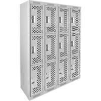 Clean Line Lockers, 3 -tier, Bank of 4, 48" x 12" x 72", Steel, Grey, Rivet (Assembled), Perforated M & M Nord Ouest Inc