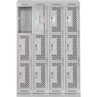 Clean Line Lockers, 3 -tier, Bank of 4, 48" x 12" x 82", Steel, Grey, Rivet (Assembled), Perforated M & M Nord Ouest Inc