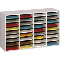 Adjustable Compartment Literature Organizer, Stationary, 36 Slots, Wood, 39-1/4" W x 11-3/4" D x 24" H M & M Nord Ouest Inc