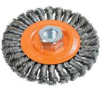 Brosse rotative &agrave; fils nou&eacute;s large, Dia. 4-1/2", Fils 0,02", Arbre 5/8"-11, Acier M & M Nord Ouest Inc
